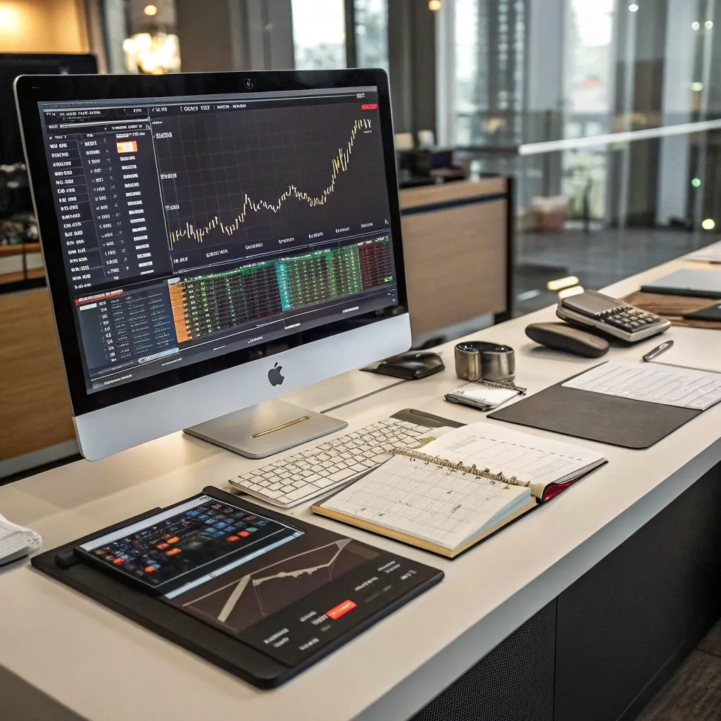 Sophisticated trading desk with computer and financial charts